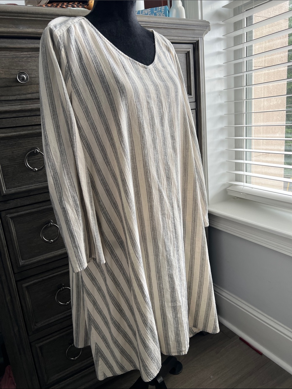 Eileen Fisher Striped V-Neck Linen Shift Dress Tunic - Excellent Condition Large